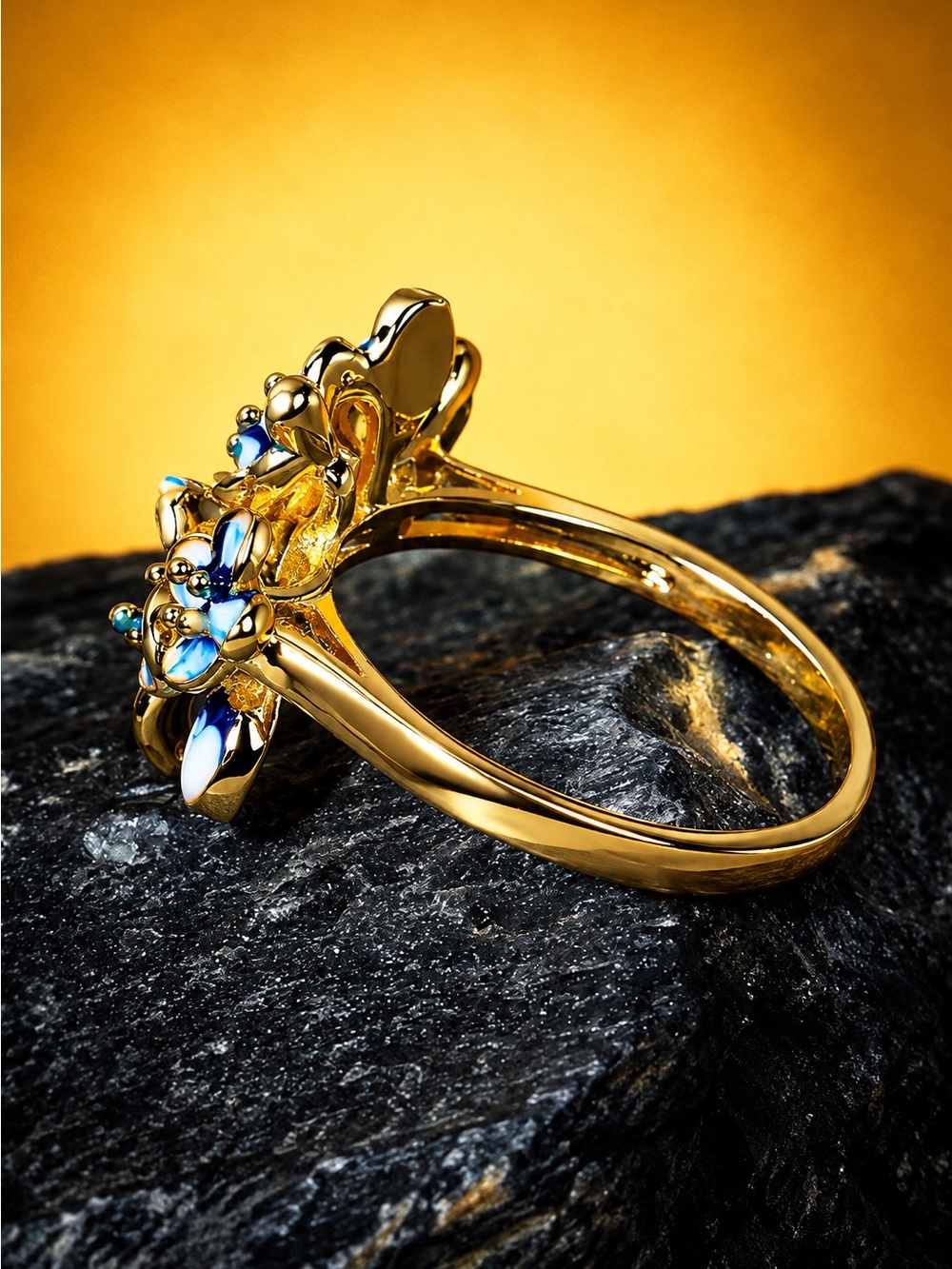925 Silver Creative Blue Flower Enamel Epoxy Zircon Ring - Picture 3 of 8
